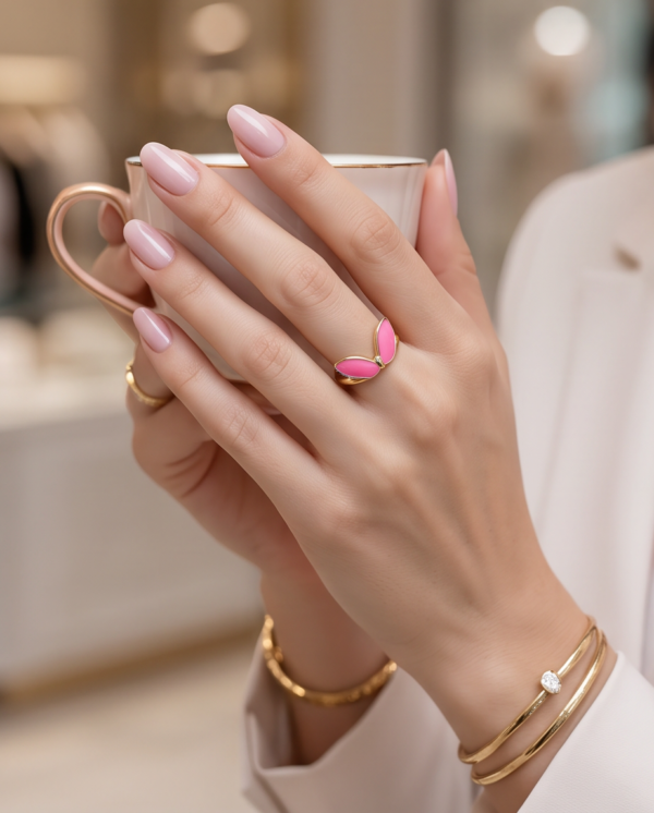 Gold-Tone Stainless Steel Pink Enamel Butterfly Wing Ring