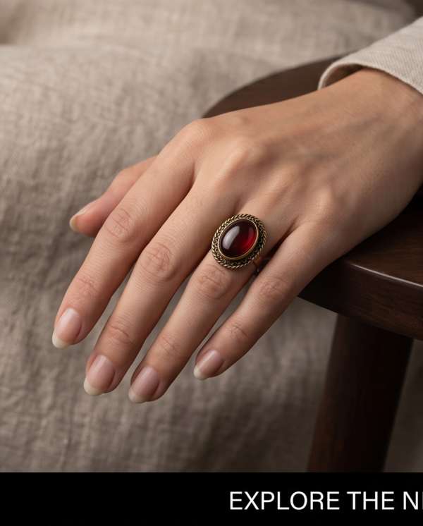 Vintage Antique Gold Oval Ruby-Red Statement Ring – Braided Edge Detail