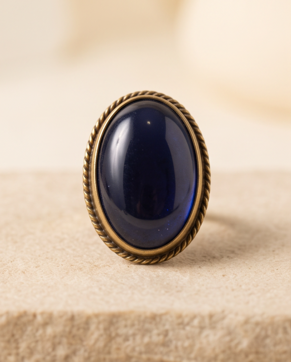 Vintage Antique Gold Oval Deep Blue Statement Ring – Braided Edge Detail