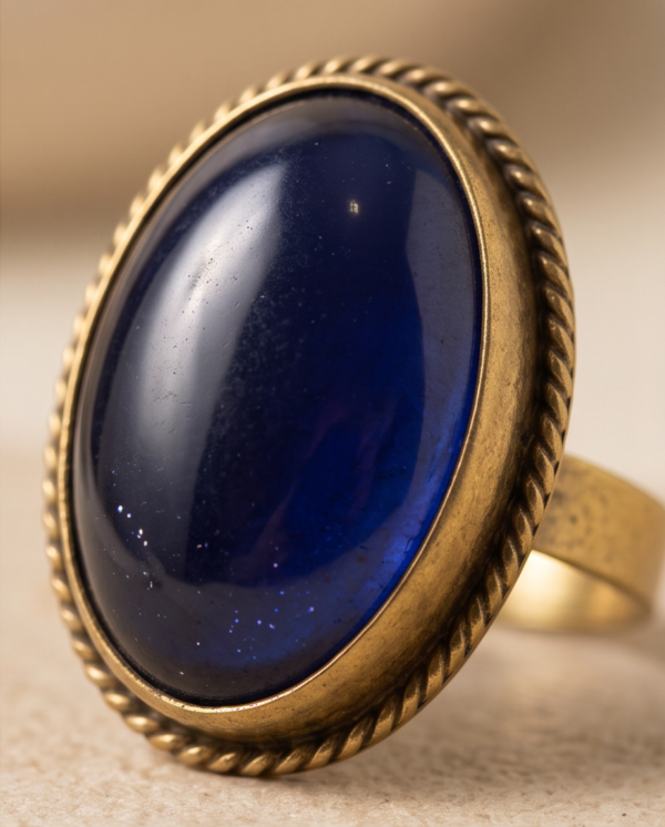 Vintage Antique Gold Oval Deep Blue Statement Ring – Braided Edge Detail
