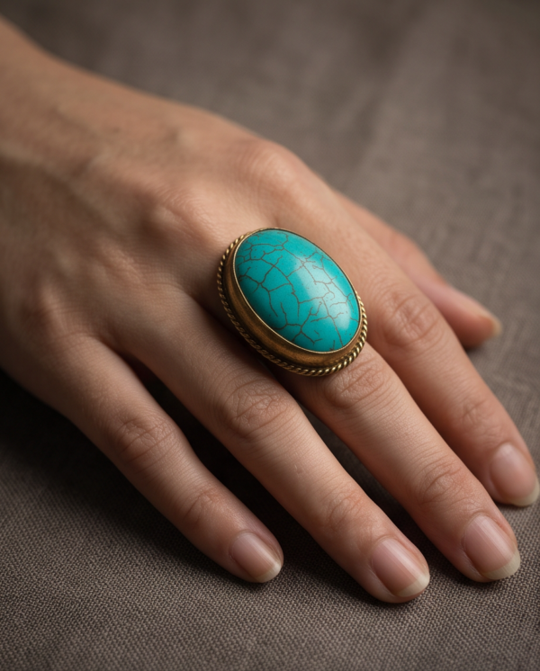 Vintage Antique Gold Large Oval Turquoise Statement Ring – Braided Edge
