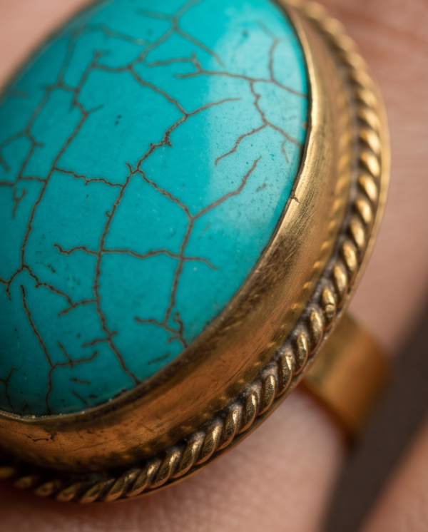 Vintage Antique Gold Large Oval Turquoise Statement Ring – Braided Edge