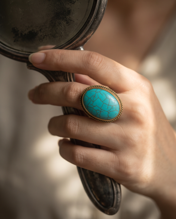 Vintage Antique Gold Large Oval Turquoise Statement Ring – Braided Edge