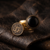 Vintage Gold-Tone Arabic Engraved Coin & Black Onyx Two-Piece Ring