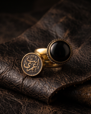 Vintage Gold-Tone Arabic Engraved Coin & Black Onyx Two-Piece Ring