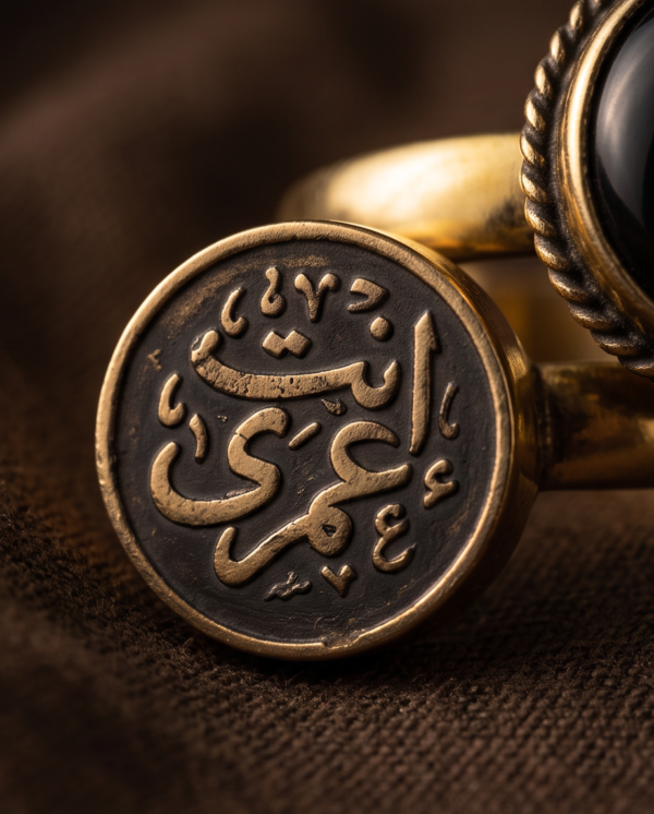 Vintage Gold-Tone Arabic Engraved Coin & Black Onyx Two-Piece Ring