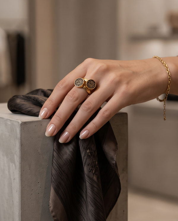 Vintage Gold-Tone Double Coin Ring – “أنت عمري” Arabic Engraved Statement Ring