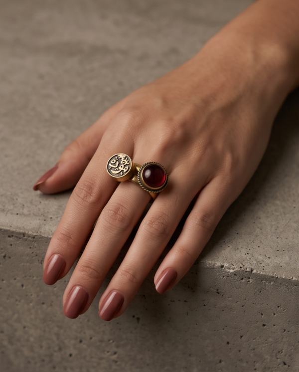 Vintage Gold-Tone Arabic Engraved Coin & Red Stone Two-Piece Ring