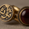 Vintage Gold-Tone Arabic Engraved Coin & Red Stone Two-Piece Ring