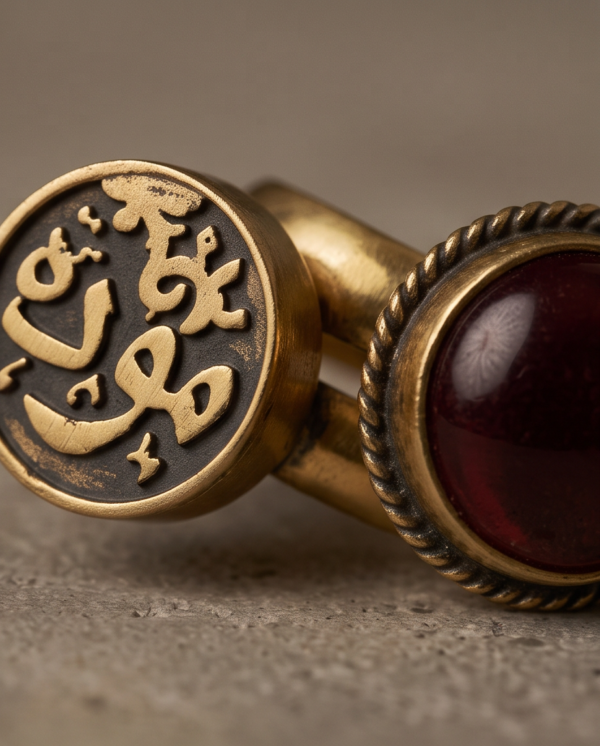 Vintage Gold-Tone Arabic Engraved Coin & Red Stone Two-Piece Ring