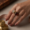 Vintage Gold-Tone Arabic Engraved Coin & Red Stone Two-Piece Ring