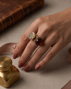 Vintage Gold-Tone Arabic Engraved Coin & Red Stone Two-Piece Ring