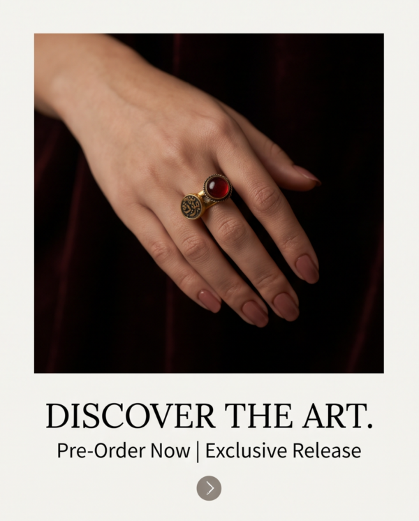 Vintage Gold-Tone Arabic Engraved Coin & Red Stone Two-Piece Ring