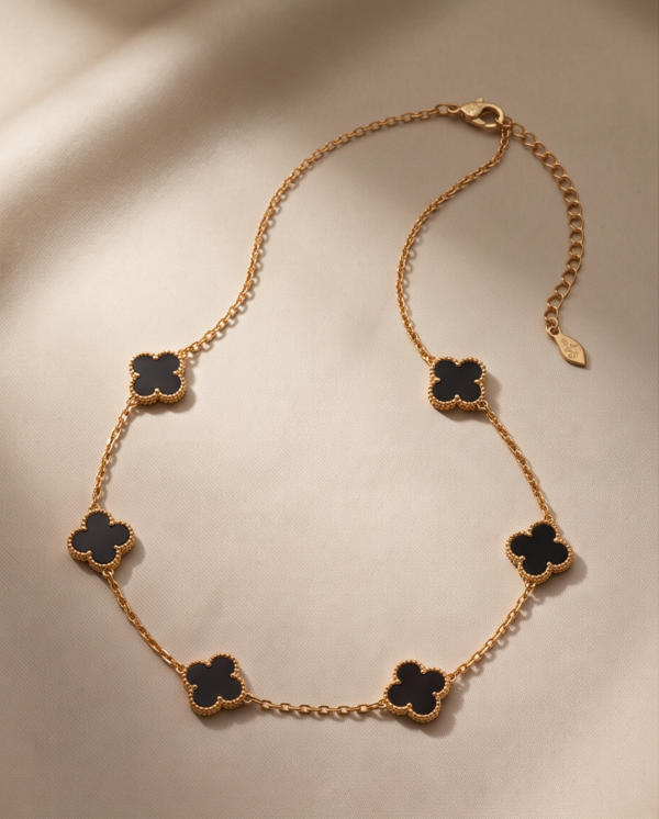 Gold-Tone Stainless Steel Clover Charm Necklace – Black, Grey & White Enamel