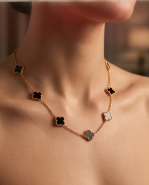 img_0822-2 Gold-Tone Stainless Steel Clover Charm Necklace – Black, Grey & White Enamel
