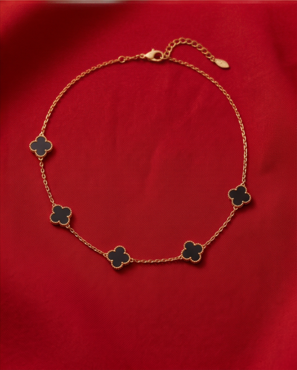 Gold-Tone Stainless Steel Clover Charm Necklace – Black, Grey & White Enamel
