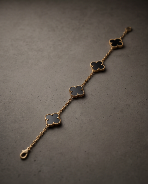 Gold-Tone Stainless Steel Black Clover Bracelet – Enamel Charm Links