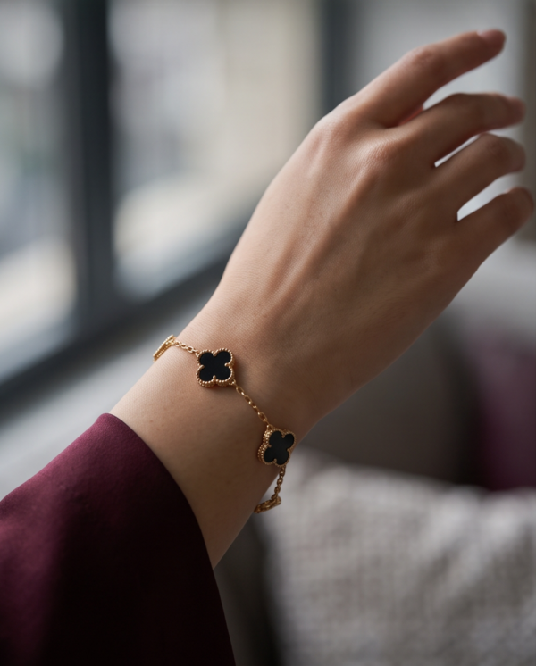 Gold-Tone Stainless Steel Black Clover Bracelet – Enamel Charm Links