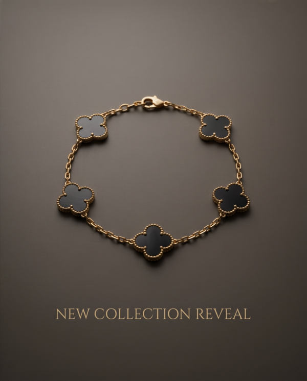 Gold-Tone Stainless Steel Black Clover Bracelet – Enamel Charm Links