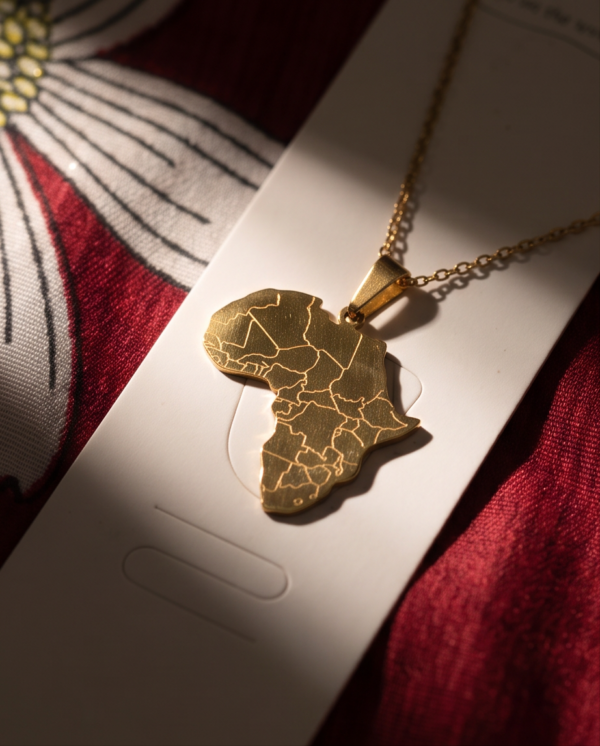 Gold-Tone Stainless Steel Africa Map Pendant Necklace – Engraved Country Outlines