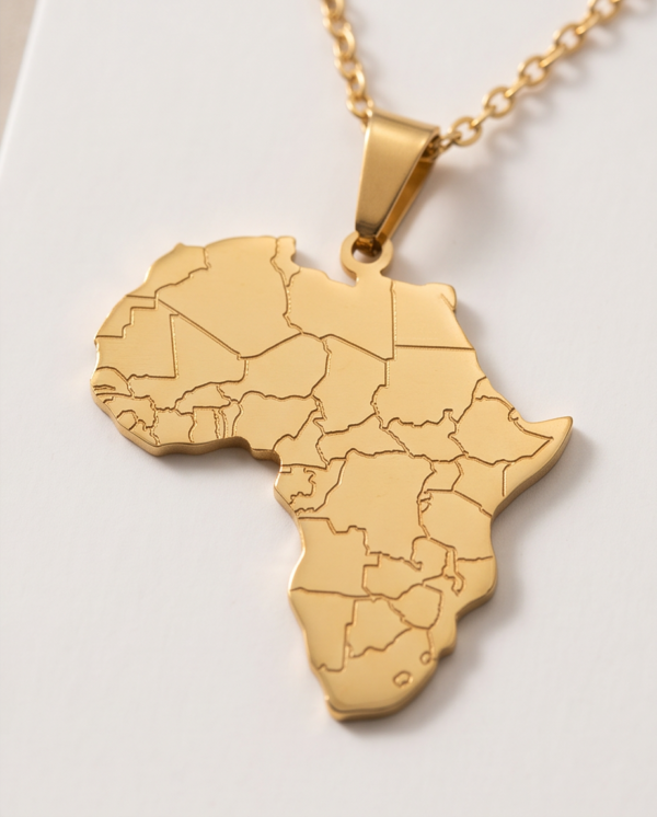 Gold-Tone Stainless Steel Africa Map Pendant Necklace – Engraved Country Outlines