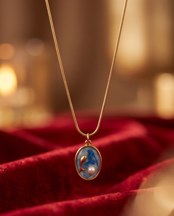 Gold-Tone Stainless Steel Blue Seahorse Pendant Necklace – Pearl Accent