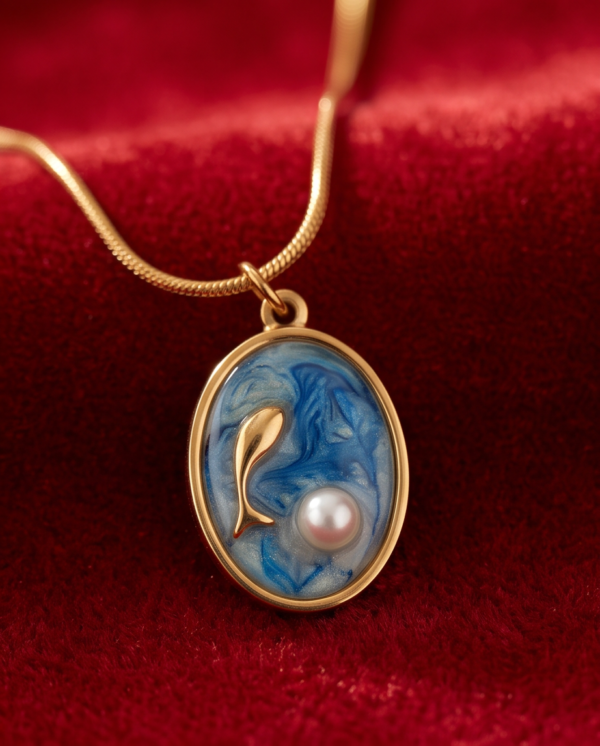 Gold-Tone Stainless Steel Blue Seahorse Pendant Necklace – Pearl Accent