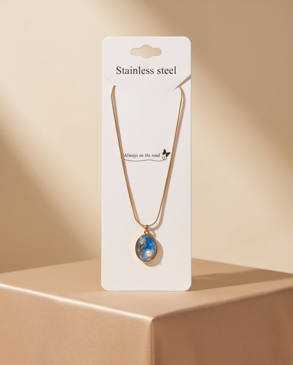 Gold-Tone Stainless Steel Blue Seahorse Pendant Necklace – Pearl Accent