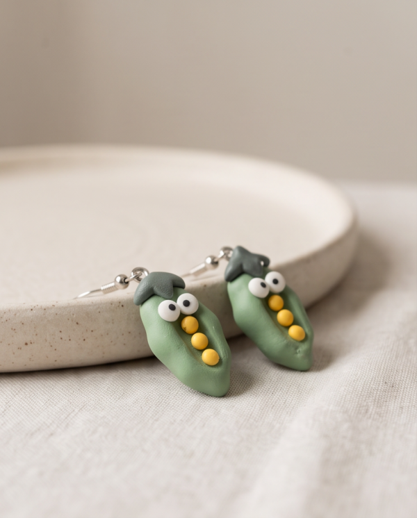 Cute Pea Pod Polymer Clay Earrings – Handmade Googly Eye Charm Earrings
