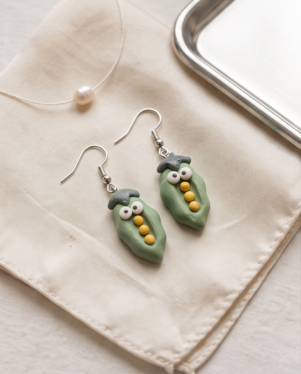 Cute Pea Pod Polymer Clay Earrings – Handmade Googly Eye Charm Earrings