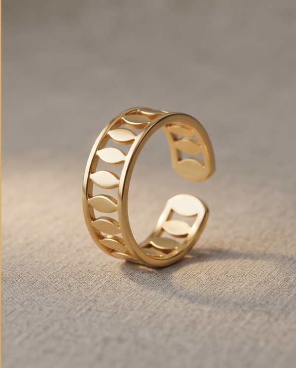img_0887 Gold-Tone Stainless Steel Open Cutout Ring – Leaf Link Design