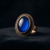 Vintage Antique Bronze Oval Sapphire-Blue Statement Ring – Scalloped Border