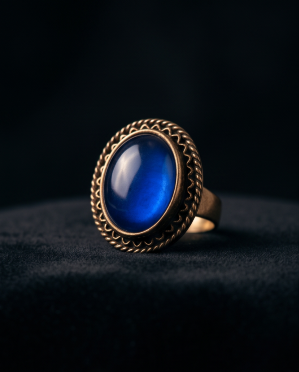 Vintage Antique Bronze Oval Sapphire-Blue Statement Ring – Scalloped Border