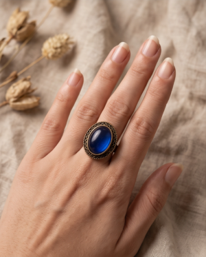 img_0898 Vintage Antique Bronze Oval Sapphire-Blue Statement Ring – Scalloped Border