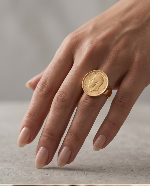 Gold-Tone Stainless Steel Vintage Coin Ring – “Georgius V” Portrait Design