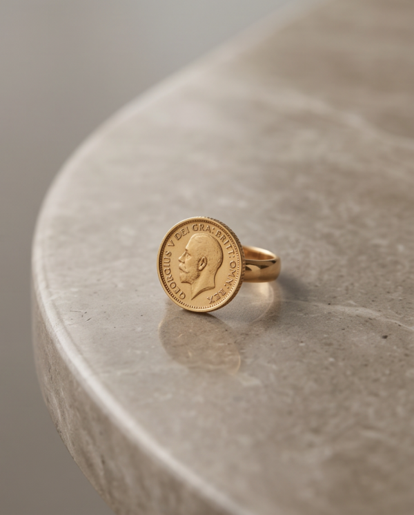 Gold-Tone Stainless Steel Vintage Coin Ring – “Georgius V” Portrait Design