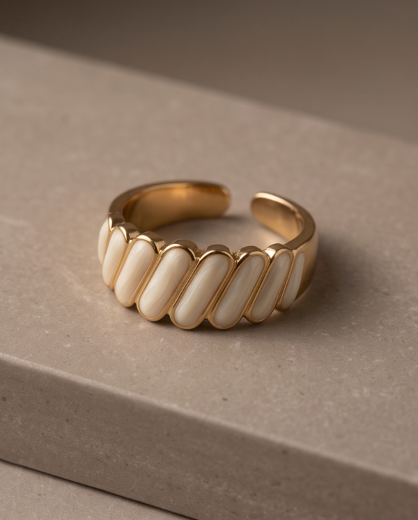 Gold-Tone Stainless Steel White Enamel Ribbed Ring – Segmented Design