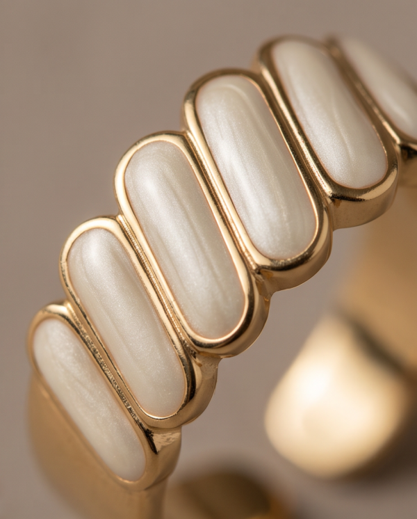 Gold-Tone Stainless Steel White Enamel Ribbed Ring – Segmented Design