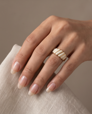Gold-Tone Stainless Steel White Enamel Ribbed Ring – Segmented Design