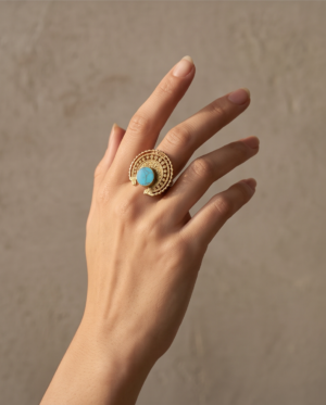 Vintage Antique Gold Turquoise Statement Ring – Sunburst Textured Design
