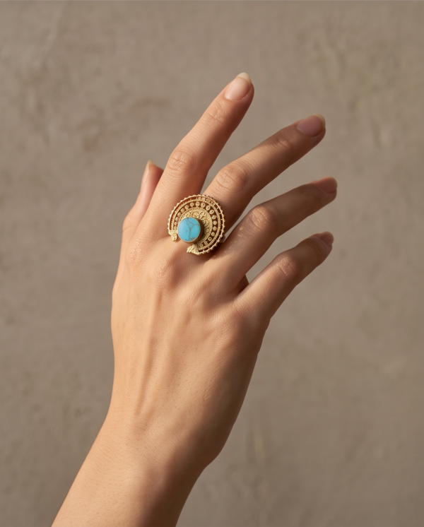 Vintage Antique Gold Turquoise Statement Ring – Sunburst Textured Design