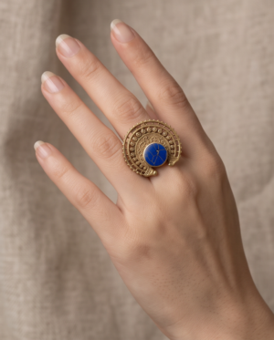img_0918 Vintage Antique Gold Lapis Blue Statement Ring – Sunburst Textured Design
