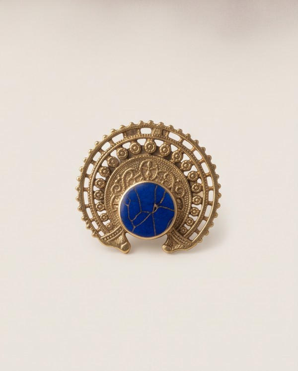 Vintage Antique Gold Lapis Blue Statement Ring – Sunburst Textured Design