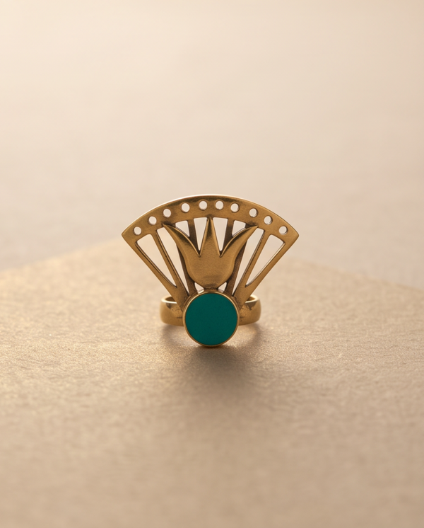img_0927 Vintage Gold-Tone Art Deco Fan Ring – Green Enamel Stone Accent