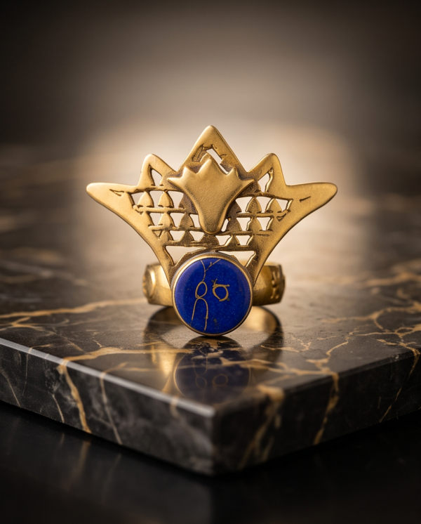 Vintage Gold-Tone Art Deco Crown Ring – Lapis Blue Stone Accent