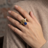 Vintage Gold-Tone Art Deco Crown Ring – Lapis Blue Stone Accent
