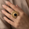 Vintage Antique Gold Black Onyx Statement Ring – Sunburst Textured Design