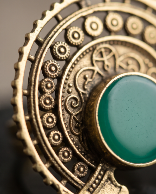 Vintage Antique Gold Green Enamel Statement Ring – Sunburst Textured Design