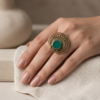 Vintage Antique Gold Green Enamel Statement Ring – Sunburst Textured Design