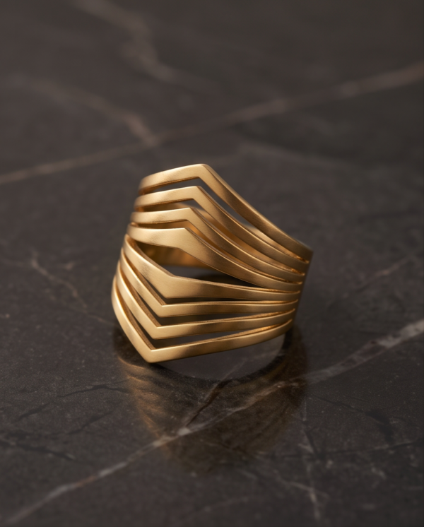 Gold-Tone Stainless Steel Chevron Cage Ring – Multi-Line Geometric Design